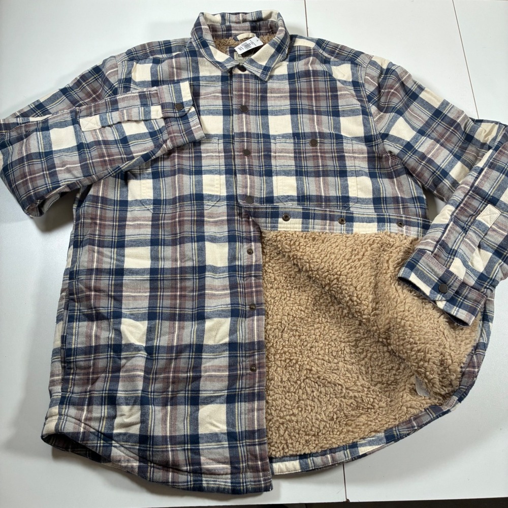 LL Bean Sherpa Lined Scotch Plaid Shirt Jacket Medium Indigo Tartan Plaid Heavy